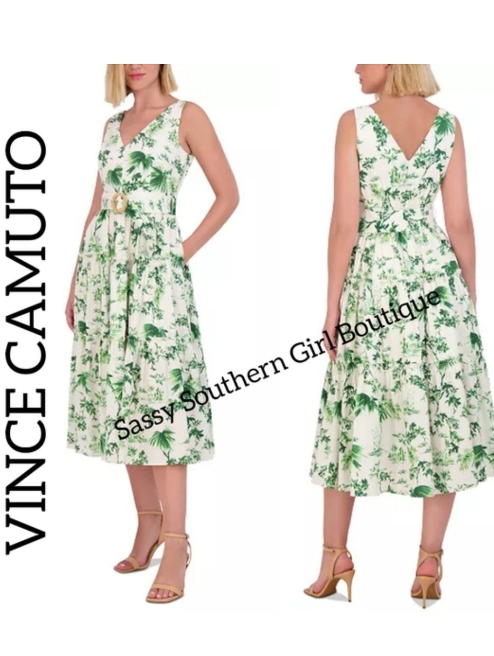 🆕⭐ Vince Camuto White And Green Tropical Midi Dress